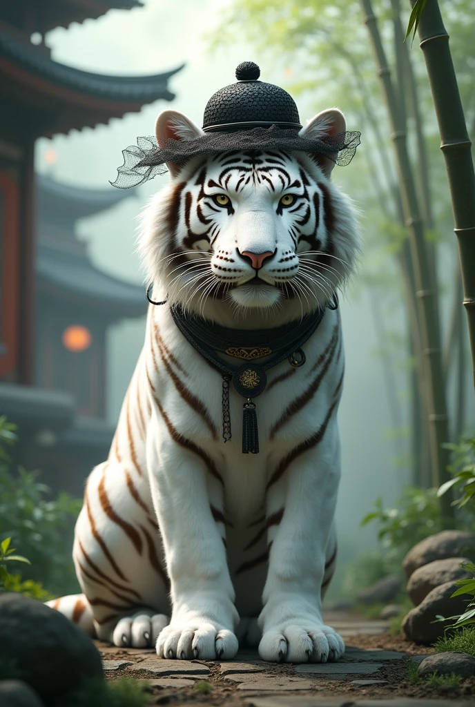 A white tiger wearing a black gauze hat,Cute realistic style,background chinese style forest building