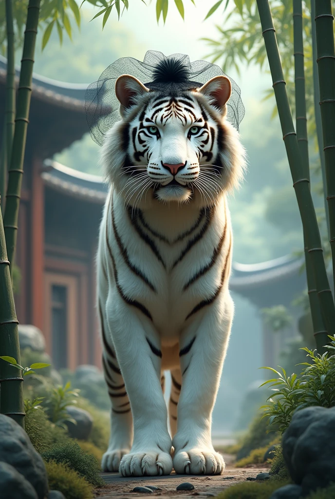 A white tiger wearing a black gauze hat,Cute realistic style,background chinese style forest building