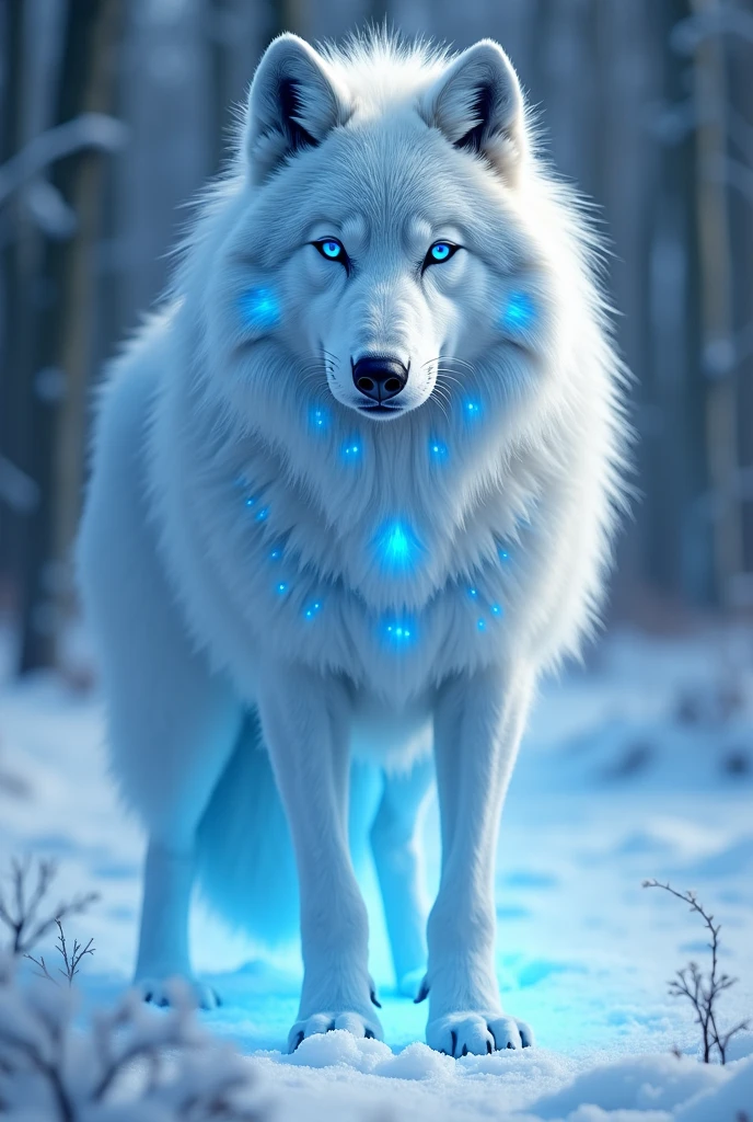 (A giant white and blue feral female wolf looking at viewer with a hint of love), quadruped, feral wolf, female wolf, giant wolf, (white fur with blue strands of fur mixed together), glowing blue aura, sapphire eyes, snowy forest background
