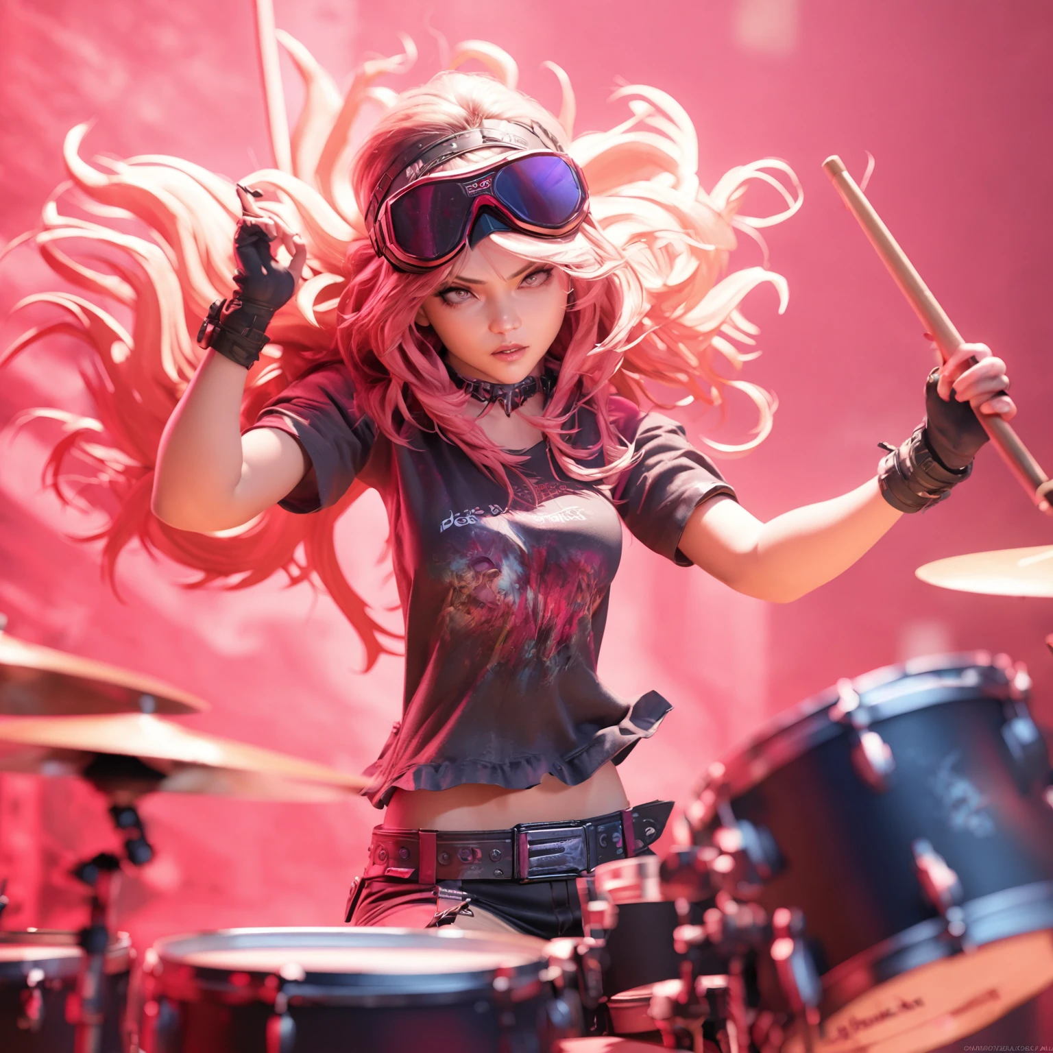 a girl wearing goggles and playing a drum kit, extremely detailed art jam, rock out, dreamy rock girl, drummer, 3d rendering style, guweiz style artwork, highly detailed art jam, art jam with lois van baarle, airbrushed rendering, dramatic lighting, moody atmosphere, cinematic, dynamic pose, action shot, energy and movement, textured background, dramatic shadows, saturated colors, neon elements, gritty, grunge, industrial, dystopian, cyberpunk, vibrant colors, hyperrealistic, award winning, digital painting, masterpiece, best quality, 8k, highres, ultra-detailed, realistic, photorealistic, physically-based rendering, vivid colors, sharp focus