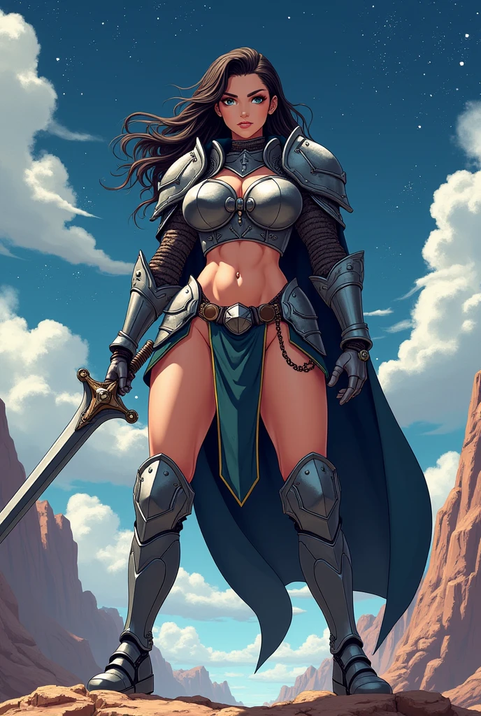 (watercolor painting by singer sargent), 1girl , a female mature warrior standing on the shoulder of a giant iron robot, curvy woman, cleavage,high heels , farmpunk style, holly armor, long fair hair, fair skin, large sword,