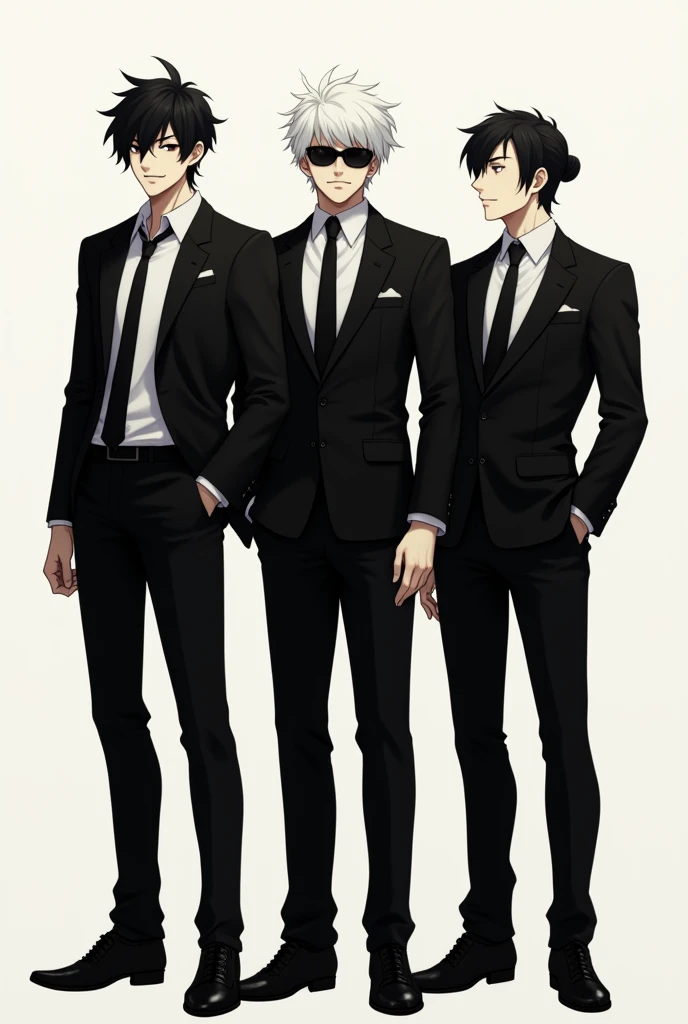 Three elegant and mysterious looking male characters,(the one),(joy), (Ghetto),dressed in formal black suits that contrast strongly with the light background. Each of them has their hands in their pockets., projecting a relaxed yet imposing attitude. The character on the left has dark, messy hair, with a mischievous smile on his face. The one in the center wears dark glasses and disheveled white hair., showing a confident and carefree expression. The character on the right has her hair tied back in a bun., with a calm and controlled expression. The style is minimalist, using solid black shadows for their outfits and highlighting only the essential features of each character, transmitting elegance and power.