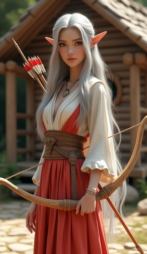 Full-body portrait. Concept art. CAD, A beautiful silver-haired elven woman, wearing a red and white v neck dress, carrying a beautifully carved bow and arrow. The background is a simple house made full of shiny brown wood in an elven village. The background of the house is a beautiful elven village. This scene is a very detailed and professional 3D digital art. 8k high resolution