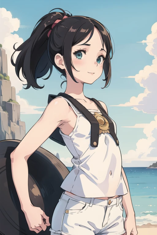 1girl, cute girl, solo, a junior student girl, dynamic pose
BREAK (tareme, short eyes:1.5), (oval face, droopy eyes:1.4), grey-green eyes, eye highlights, blush, smile
BREAK forehead, flat hair, straight hair, no bangs, center parted forehead, side swept to backward, low ponytail, medium hair, black-hair
BREAK (petite body, girlish fleshy body:1.5), large breast, white T-shirt, denim hot pants, beachside background
BREAK Masterpiece, best quality, 4K, HDR, realistic lighting, soft lines, from front, cowboy shot, perfect anatomy, perfect