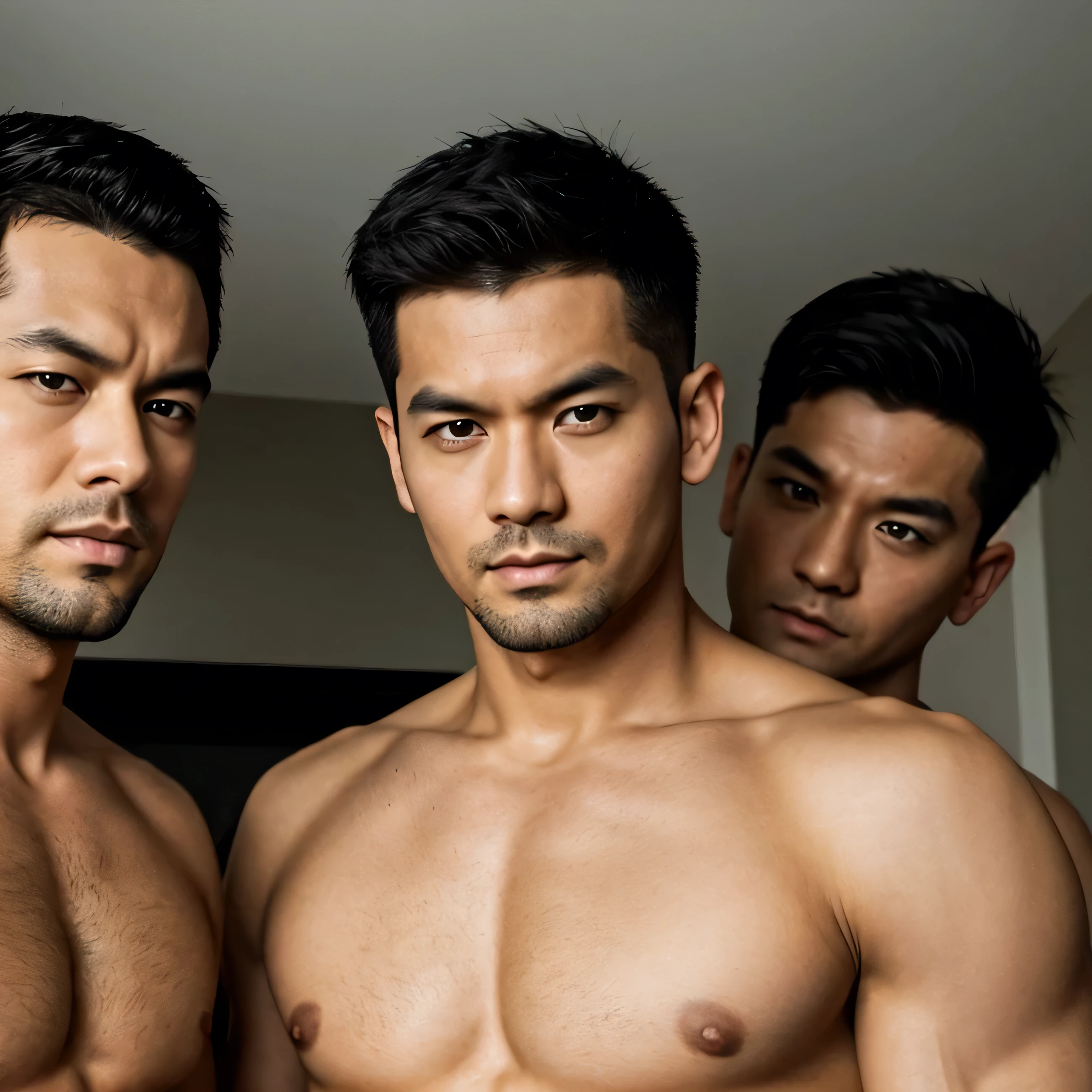 30 years old,Three Men,Tall handsome man、Black Briefs、Topless、Bedroom、squat ,Black Hair、Very short hair、undercut、Asian Faces　Menacing look、Seen from below、Upper body close-up