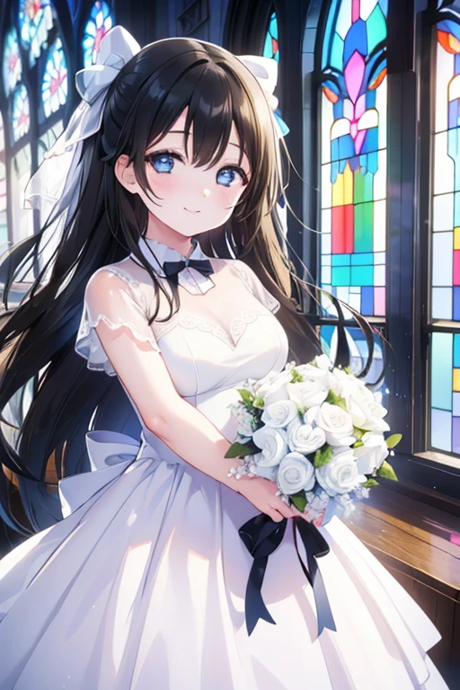 One Girl, Cowboy Shot, High resolution, smile, Highest quality, masterpiece, Black Hair，Hair Ribbon，Long Hair，Straight hair，Blue Eyes，Stained glass，church,Osaka Prefecture，Pure white wedding dress，bouquet