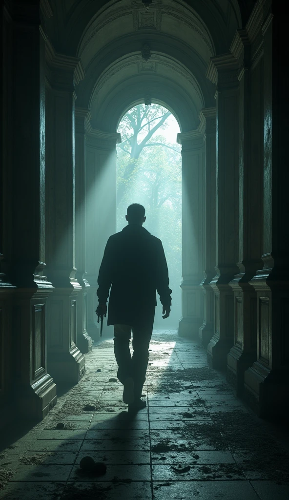 Man walking in dark abandoned mansion . Front view angle