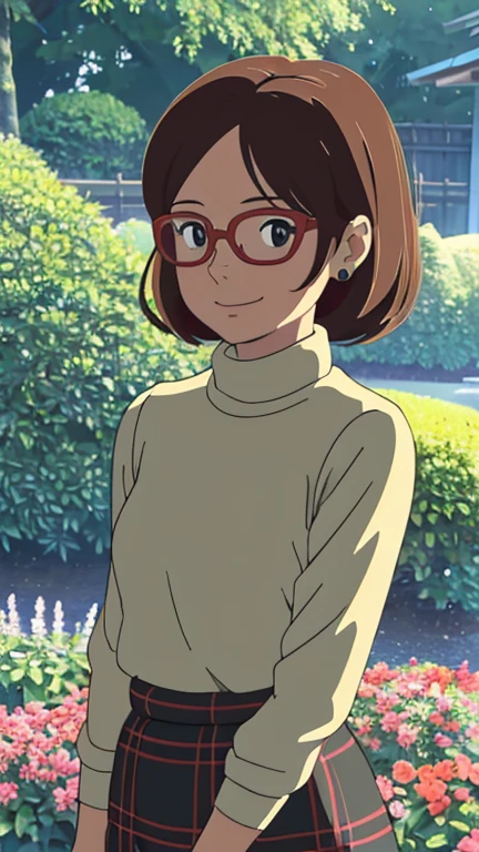 (1girl, solo, highly insanely detailed, masterpiece, top quality, best quality, highres, 4k, 8k, RAW photo),((innocent look)),((Childish)),From the front, symmetrical composition,smile,cute,Innocent,Kind eyes, kotonoha no niwa, park,flowers,lawn,trees, The Garden of Words, (sanchez), upper body, black eyes,red hair,brown hair,glasses,
turtleneck,plaid skirt,stud earrings, standing,smile, 