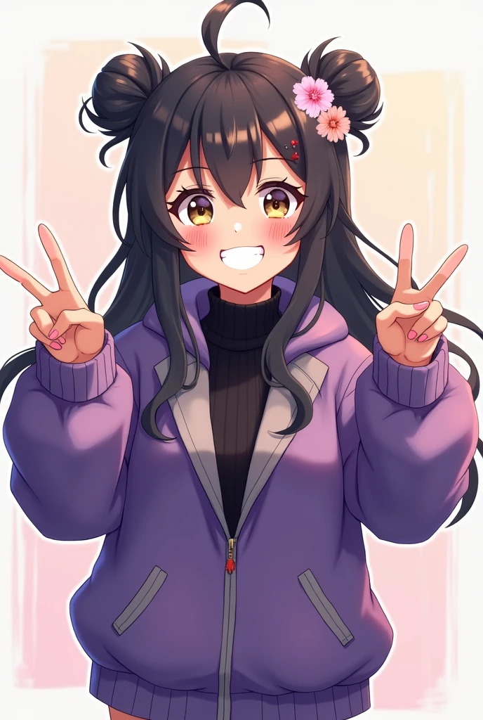 Create an anime-style illustration of a cheerful girl making a double peace sign with both hands. She has long, wavy, dark hair styled in two small buns with flower accessories. Her expression is lively and happy, with beautiful, bright, upturned (Asian) eyes and a wide smile. She is wearing an oversized purple jacket and a black turtleneck. The background is simple and light to emphasize her fun and energetic pose. 1 , Solo, Cabelo comprido, Olhando para o espectador, Rubor, Riso, Fundo simples, Alta resolução, Obra-prima, Melhor qualidade, Detalhe, Modelo HD, Detalhes altos, Qualidade, Alta qualidade, Super detalhe, Ultra HD, Vergonha no nariz, Ukiyo-e, Renderização 3D, Cartaz de propaganda americana, Estilo anime, Art Nouveau, Cinematográfico, Cinematografia, Hiperdetalhado, Hiper-realismo, Fotorealismo, Realismo, Boca fechada, Alegre/Feliz, Leve sorriso, Surrealismo,