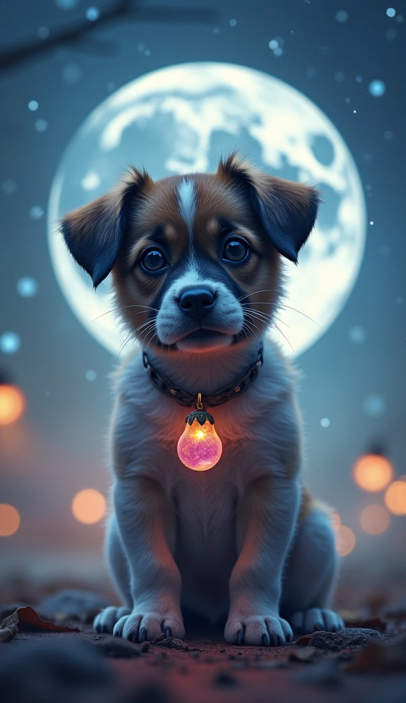 Masterpiece. Double exposure. Conceptual art. 16K. UHD. High quality, photorealism. Thematic background.
Cute serious Guard Puppy. There is a pendant in the form of a small eggplant hanging on the collar. Starry night. Full moon.
Fantasy. Mysticism. Stunning full-color design, sharp focus, studio shooting, intricate details, high detail, detailed anatomy. Hyperrealism.