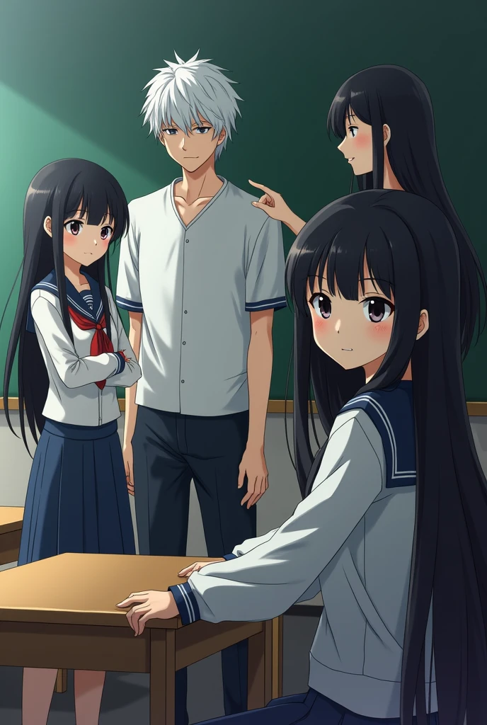 Image of a white-haired anime guy, very cold Hibari Nai Reborn, not smiling, sitting in a classroom with a cute girl with long black hair standing out, wearing a Japanese school uniform, facing the camera, a black-haired woman, a woman standing and poking at a man.