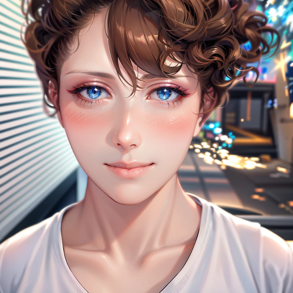 1girl, Looking at viewer, Simple background, High Resolution, Masterpiece, Best Quality, Long Hair, Hair Between Eyes, Brown Hair, Ponytail, Blue eyes, Smile, Blush, Makeup, Character Sheet Full-Length, Jewelry, Ribbon, Hair Ornament, Sparkle, Backlighting,