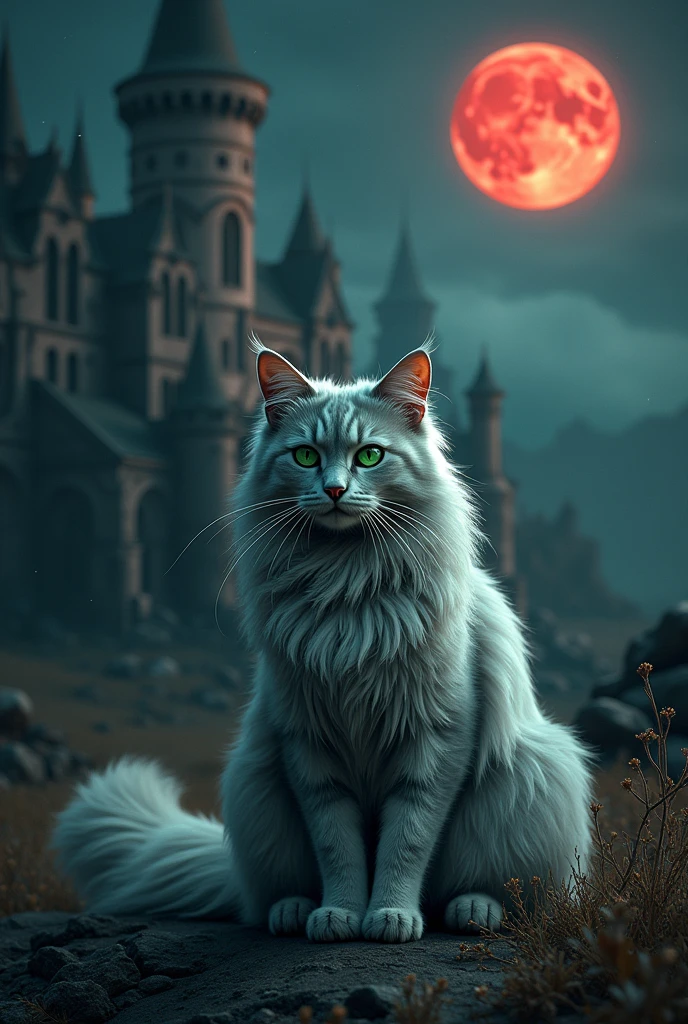 chat Mainecoon silver grey avec des poils longs et des yeux verts émeraude devant un château abandonné style gothique en fond la nuit étoilé avec un pleine lune rouge brillante 