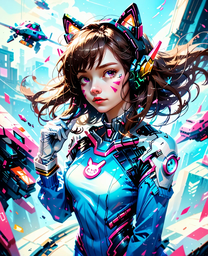 Masterpiece, Best Quality, High Resolution, 1girl, Super High Resolution, Solo, Mech Pilot, D.VA, Headphones, Pink Eyes, Blue Tights, Brown Hair, White Gloves, Cat Face Adornament,
