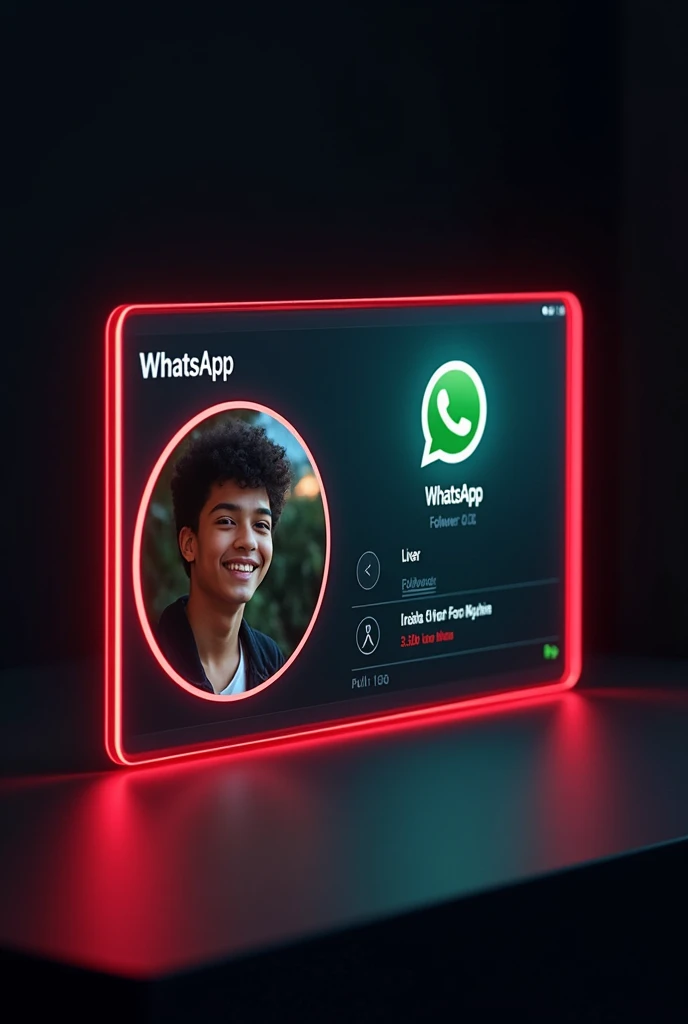 A digital card displaying a WhatsApp with a similar design to the provided the reference image.The card should feature a young person's portrait a circular frame on the left side, with the WhatsApp 3d logo and the text your WhatsApp name Akshay and your followers on the right side.The card should have a neon red outline and a dark background, similar to the reference image.
