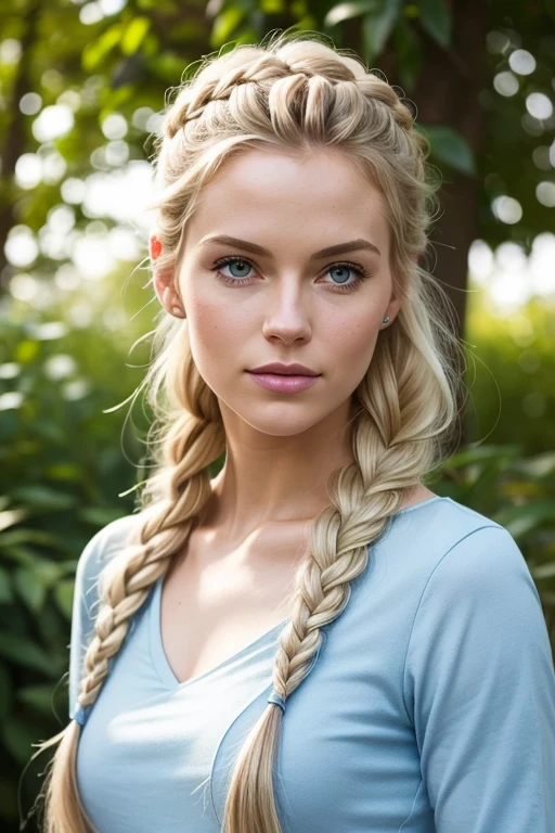 Tall Nordic woman, late 20's, her face and hair are reminiscent of Elsa from "Frozen". Realistic beautiful face, hair in a French braid. She wears modern casual clothes, stands in a university botanical garden.