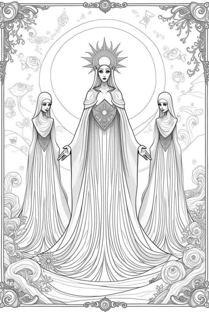 Adult coloring sheet detailed etheral style, only black outlines