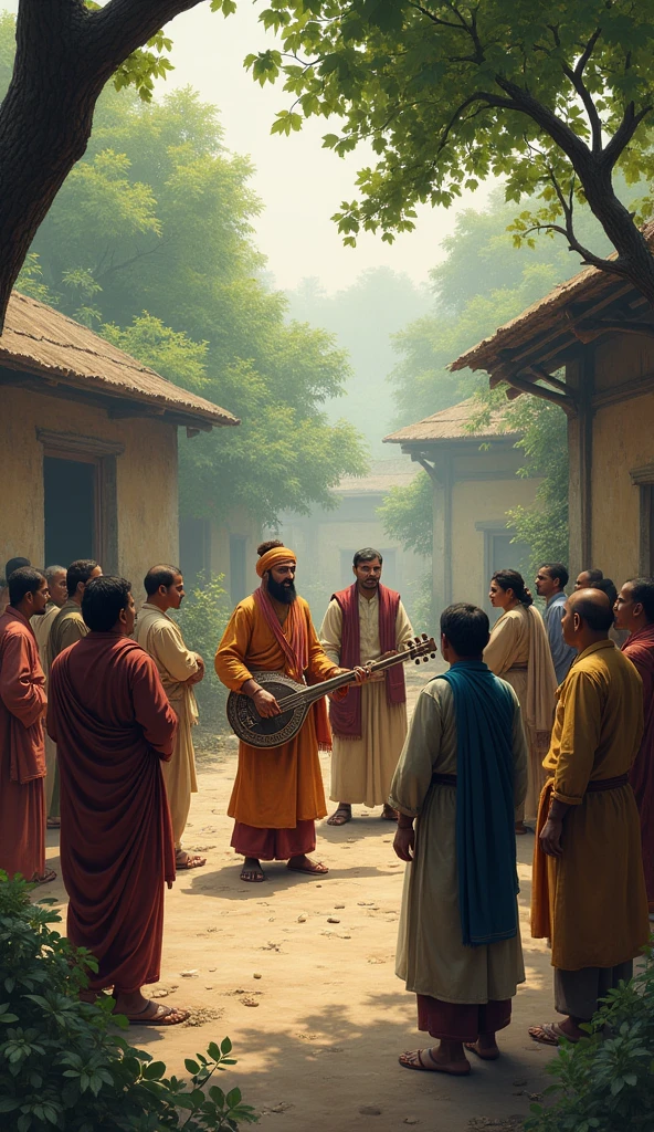 **Villagers gathered around** as the santoor musician begins to play, their faces showing a mix of hope and curiosity, with the beautiful, tranquil surroundings of the village.