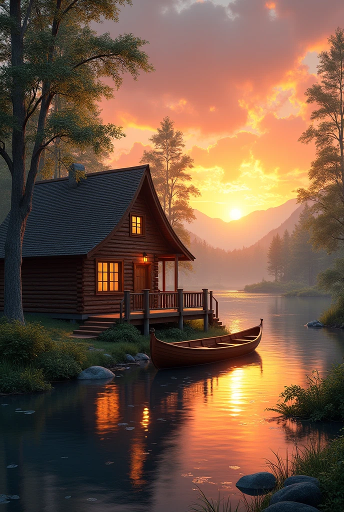 Cabin scene with canoe river in full sunset