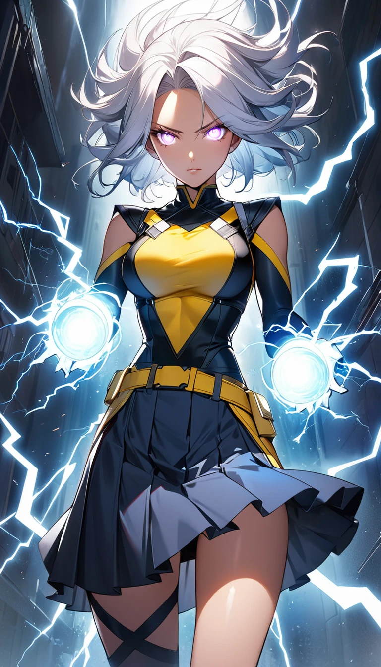 1Beautifulwoman， X-Men Storm, lightning in hand, a skirt,glowing light eyes
