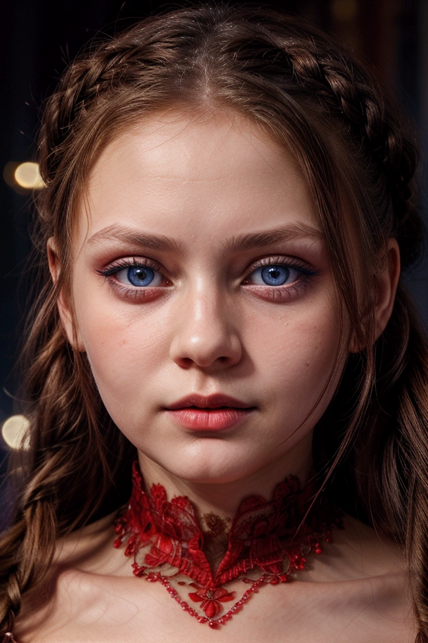 Russian girl about 2, with red clothes, and seductive face, striking blue eyes and braided hair, close-up of face with direct gaze, luxurious surroundings and nightlife, with lights in the background, Good