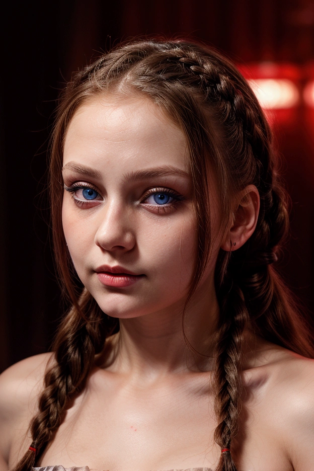 Russian girl about 2, with red clothes, and seductive face, striking blue eyes and braided hair, close-up of face with direct gaze, luxurious surroundings and nightlife, with lights in the background, Good