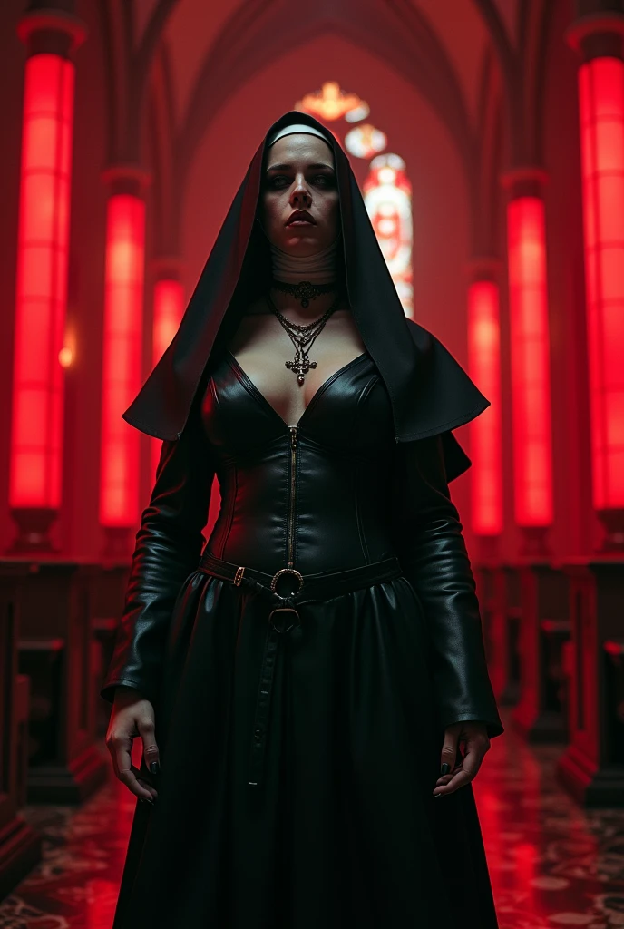 woman dj nun, dark, horror, red tones, gothic church in the background, ultra realistic, horror movie lighting, scary, chaos, neon lights in the background, realistic, dark, huge breast, Fujifilm Fujichrome Provia 100F movie, flashlight, ultra realistic, 8K UHD. --auto --s2