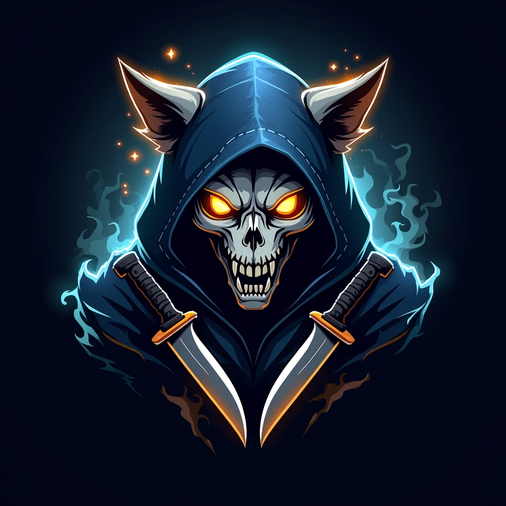 a heavily detailed dark fantasy esports logo, a menacing “CAT-skull” with glowing golden eyes and a sinister grin, shrouded in a tattered dark blue hooded cloak made of mystical flowing energy, ghostly ethereal with vibrant blue-dark highlights, two curved sharp (“crossed karambit”)((knives from CS:GO)) partially visible beneath the cloak, powerful aggressive competitive spirit, deep blues blacks vibrant gold white highlights, strong mysterious fierce identity, more detail, enhanced.