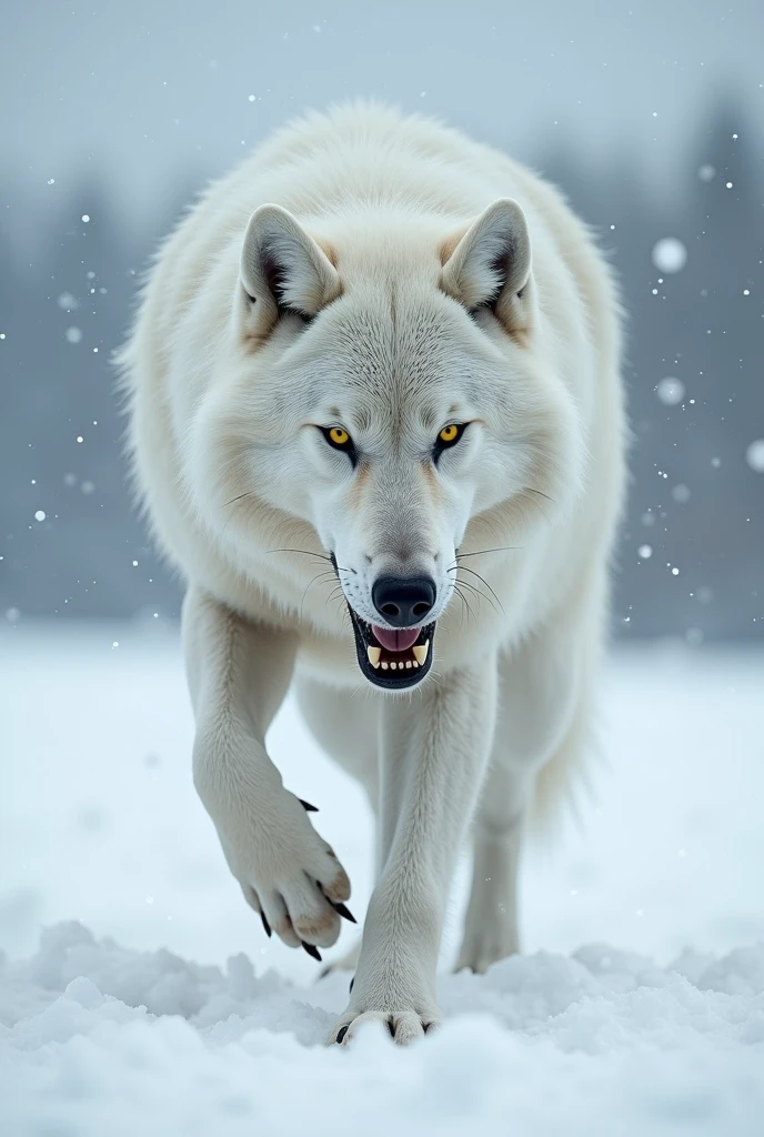 create 12k ultra-realistic Arctic wolf walking front in angry mood in snow land and snow falling