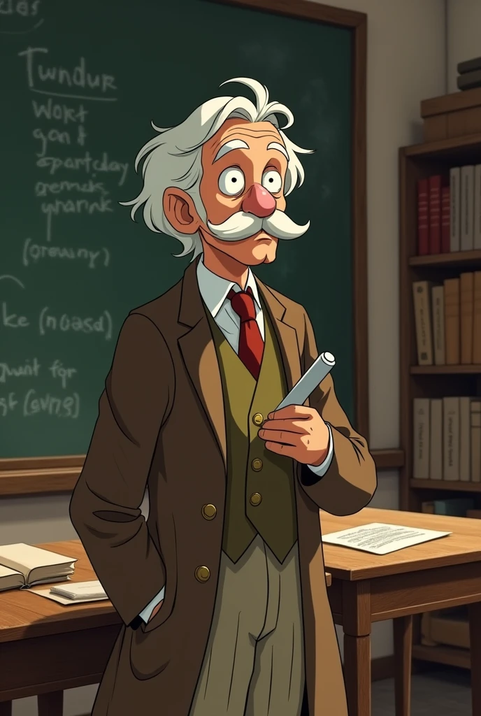 An old man, alone, with white hair, mustache, a teacher, looking back., ultra-detailed,studio ghibli ,soft lighting, nostalgic atmosphere, aged appearance, fine brushwork,detailed wrinkles, expressive eyes, wise and gentle expression, unique clothing style, vintage classroom backdrop, bookshelf filled with old books, a desk with scattered papers, a blackboard with faded writing, a chalk in hand, a nostalgic feeling.