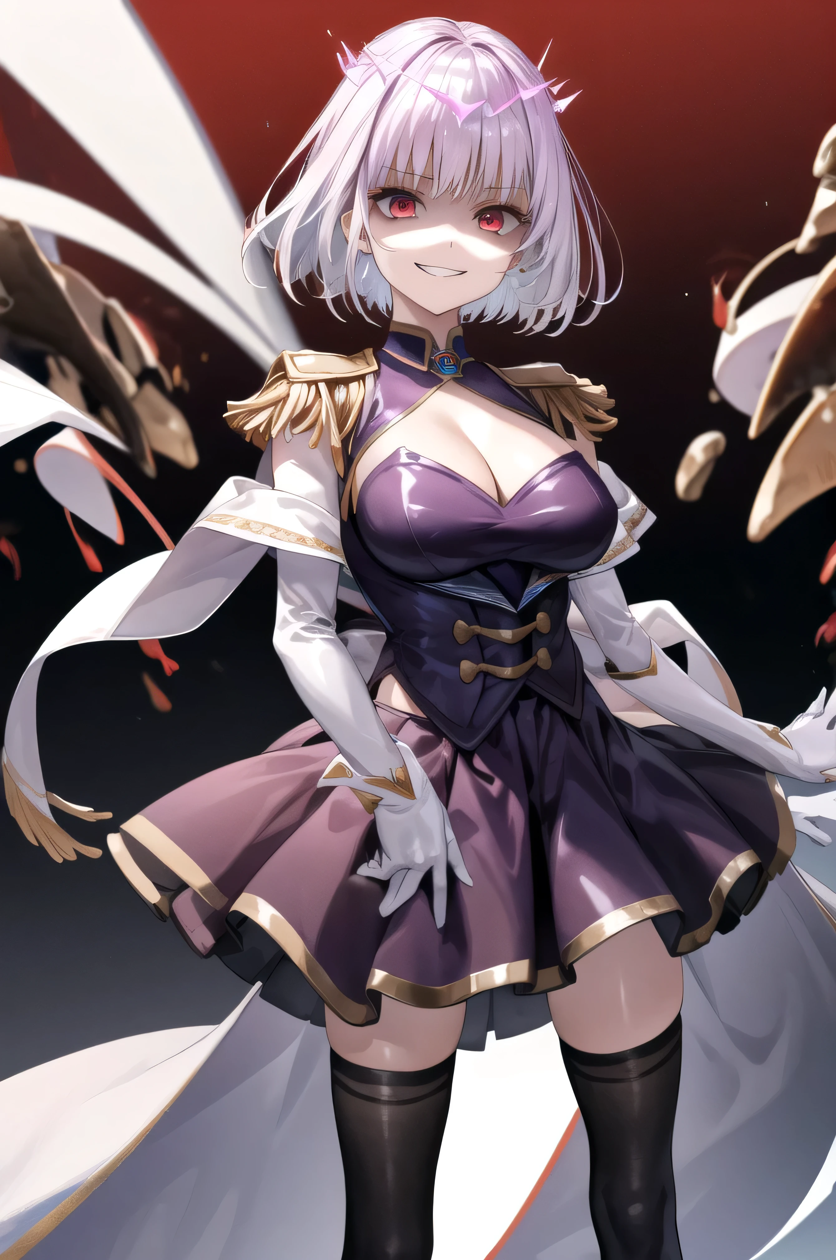 masterpiece, Highest quality, High resolution, male, short hair, Hello, Red eyes, Large Breasts, Cleavage, Epaulettes, White gloves, - Elbow hand pockets, Purple Skirt, Knee socks, Cowboy Shot, Are standing, Place your arms at your sides, straight, street,Two legs,Five Fingers,Evil background,Elbow fullgloves,shiny latex,evil grin, Debish Aura (Shiny fabric:1.5),Dark world background,solo,Decorated with skulls. background, A mountain of skulls beneath ,Two hands,