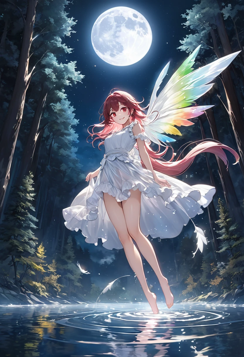 1 fairy, mature girl, golden side tail, large garnet-colored eyes, cute smile of a young face, as if to emphasize the line of the body, dressed in a long white and silver-white frill curtain that is wrapped in the wind, shaking the four rainbow-colored wings growing on her back, flying over the surface of the lake, night curtain, a large moon dominates the sky, a lake where the moonlight reflects wildly, and while creating a water pattern on the lake surface, on the stage of the lake surface of the deep forest, the one-of-a-a-a-kind, a nice full-body up angle photo,