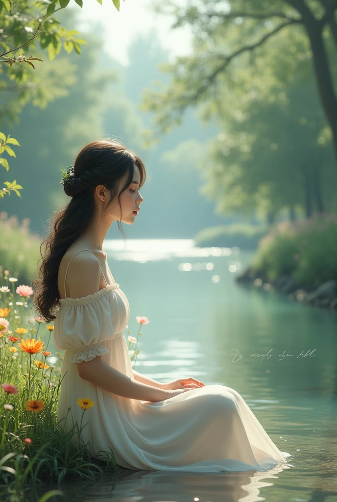 A beautiful girl sitting nearby a river