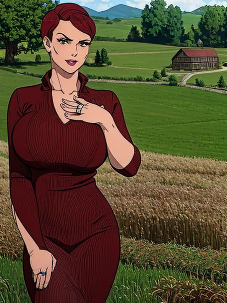 Farmer outfit,maroon hair, Gilf, detailed, upperbody, wringkle skin,Saggy big breast,In the farm field,Fullbody,((wedding ring)),Solo,1girl,Frown eyebrow, mad,Hand in hip,Detailed eyes,Detailed face,Detailed hand,Detailed fingers,Short pixie hair