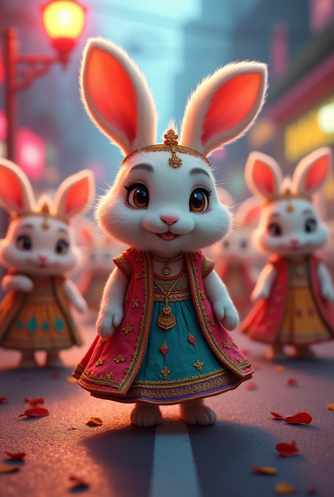 cute rabbit wearing Indian dress on the road they have lots of rabbit on the road light stand light is neon and red