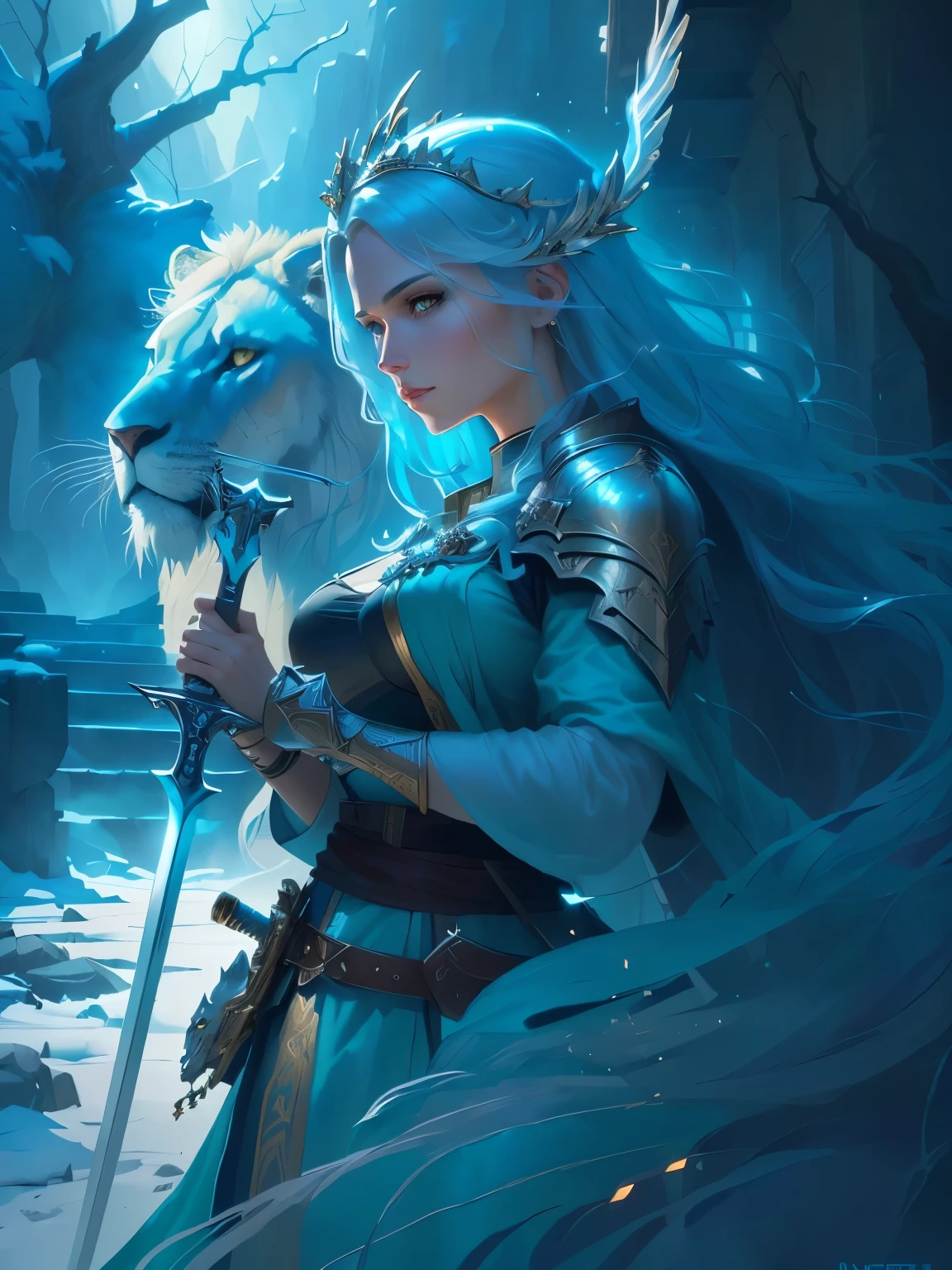 A woman holding a sword,Close-up shot of a lion standing near, Epic fantasy digital art style, Beautiful Leo goddess, Graphic artist Magali Villeneuve, Fantasy art style, Artgerm 和 Atey Ghailan, Alice x. open, epic Fantasy art style hd, Portrait of the Knights of the Zodiac, Ice and Storm Queen, epic Fantasy art style
