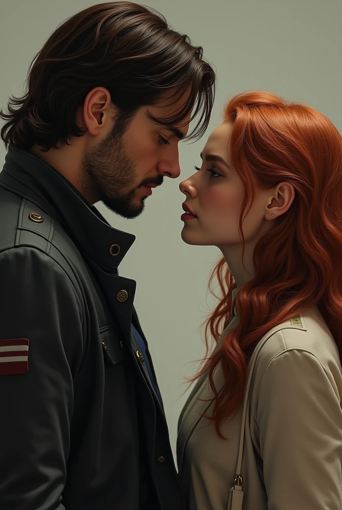 Bucky Barnes (Sebastian Stan) with a redhead girl who has a nose piercing, the girl is young, copper hair, slim, Brown eyes, and they look at each other with love
