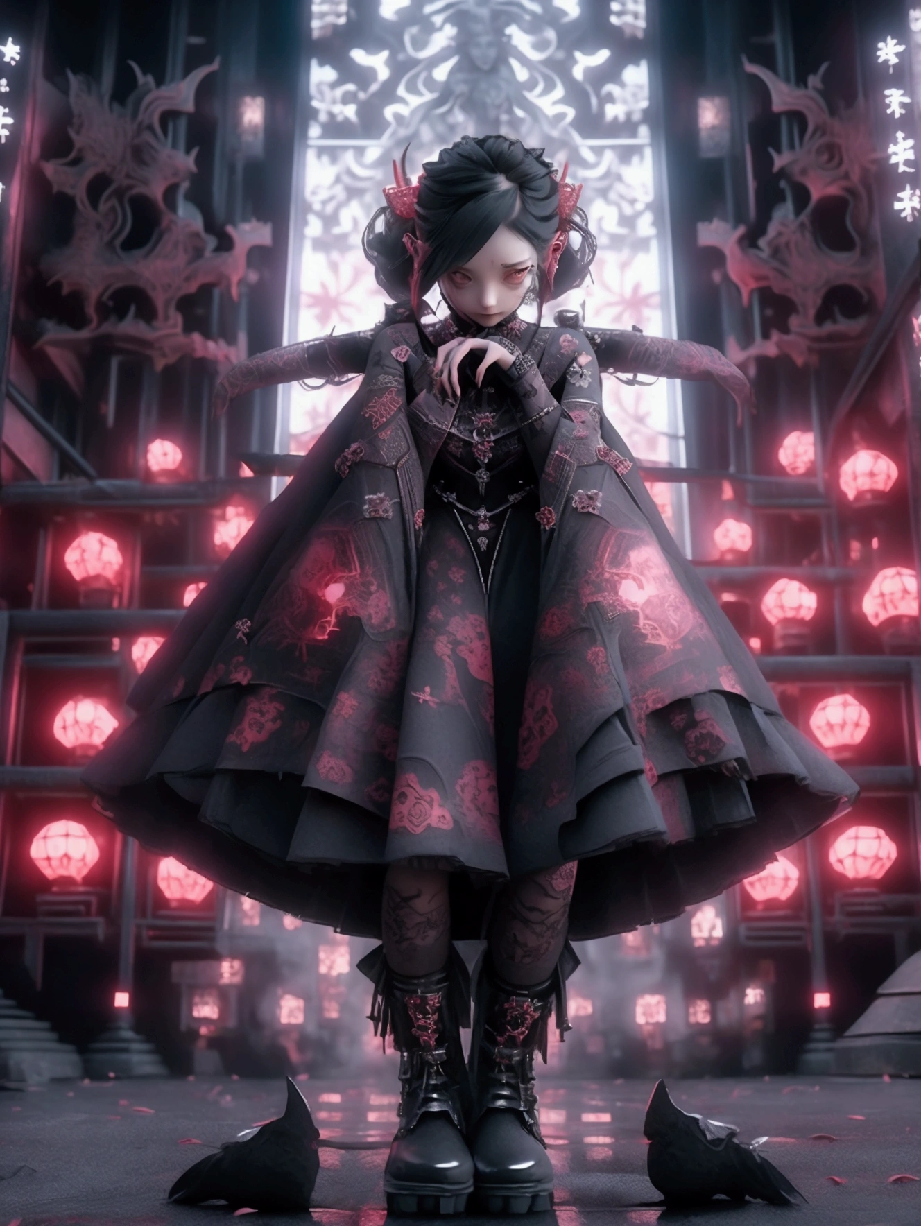 whole body,woman、1,Jumping, flight,Game character costumes,novel,Gothic Punk,dress,Thin legs,boots,image color: Black and Red,Cobblestones, lanthanum, shrine, cherry blossoms, petals in the wind, Calm, mysterious, high quality,