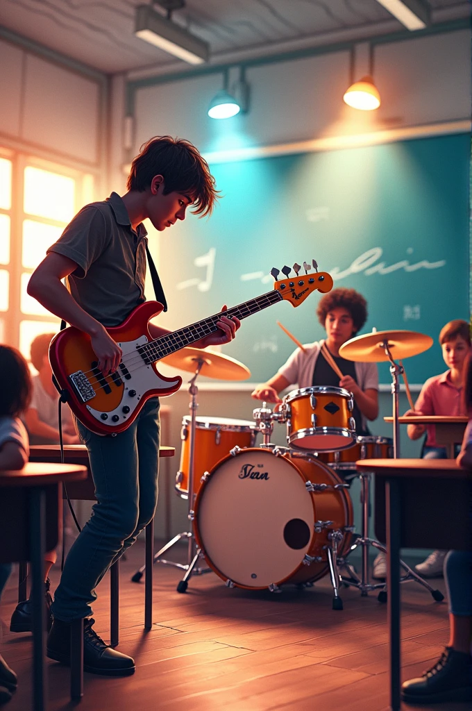 Bass guitar drums in a classroom