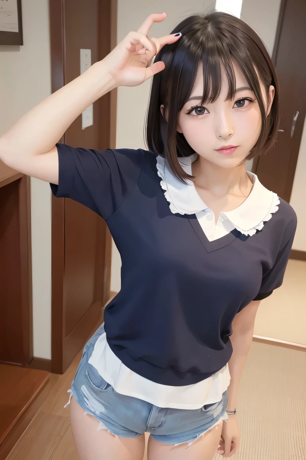 Extremely short Showa-style denim shorts Beautiful girl Short bob Shy smile　Beautiful girl wearing a T-shirt, high socks and sneakers　Beautiful girl