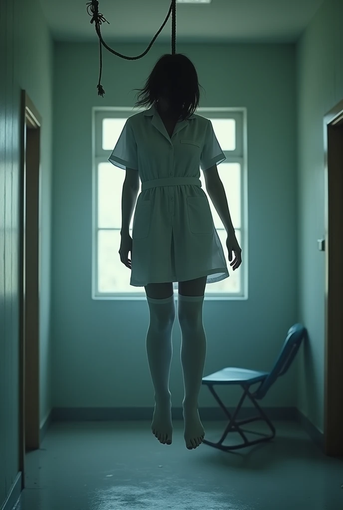 Nurse scene in white thigh high socks, hanged, thòng lọng, hovering in the air , The chair fell at the nurse&#39;s feet. 