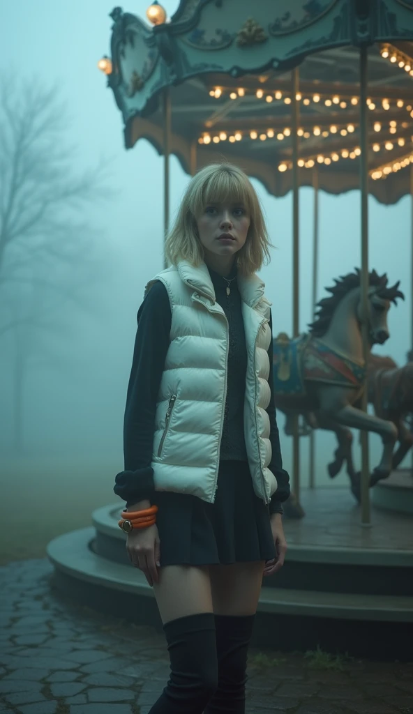 A pretty young 1 woman standing next to an eerie, vintage carousel in a foggy park. The scene is enveloped in thick mist, creating a haunting atmosphere, with soft and diffuse lighting that enhances the mysterious vibe. She has short blonde hair with side-swept bangs, fair skin, and expressive eyes that reflect a mix of curiosity and discomfort. She is wearing a white puffer vest over a blouse, a short skirt, and thigh-high boots, with an orange bracelet adding a splash of color. The setting is eerie and mysterious, characterized by soft, diffuse lighting that enhances the spooky atmosphere.The composition employs a shallow depth of field, captured with a Nikon Z7 II camera using a 50mm lens, ensuring detailed textures clothing and the carousel while maintaining a dreamlike quality."