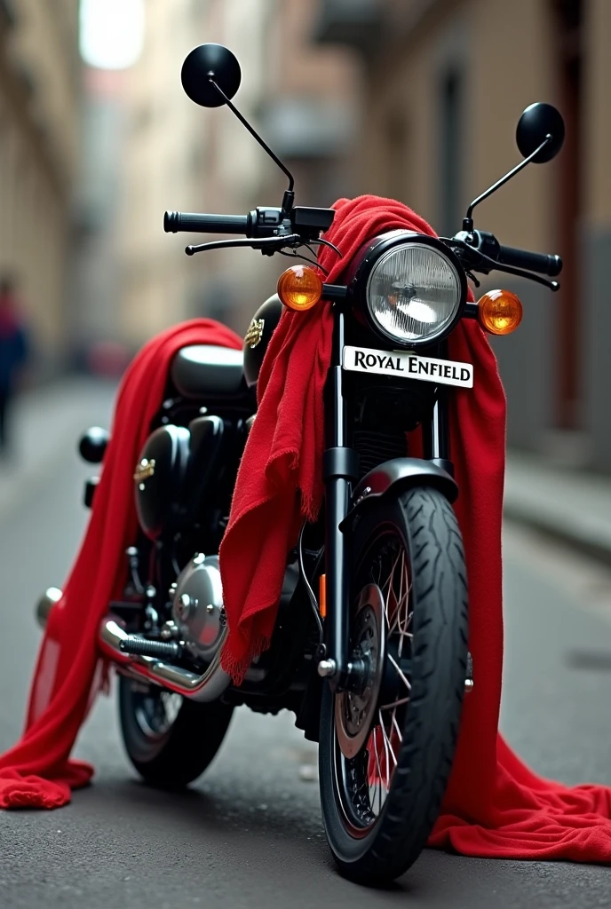 BLACK ROYAL ENFIELD CLASSIC BULLET IS COVERED WITH RED SCARF