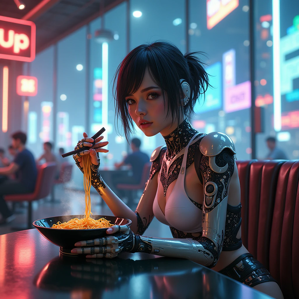 Cyborg girl eating Ramen noodles in cyberpunk cafe Best quality, shorth hair, 