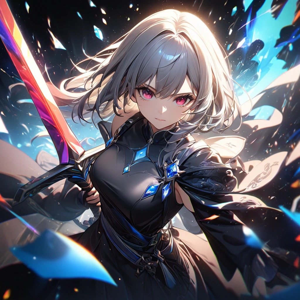 Highest quality, wonderful_delicate, wonderful delicate eyes, Super detailed, beautiful, 8k , One girl, Red eyes, evil, Facial Contour,table, Highest quality, (the Extremely Detailed CG Unity 8k wallpapers, table, Highest quality, Very detailed, Best Shadow), (For more information), (Beautifully detailed face, 細部へのbeautiful配慮), High Contrast, (Better lighting, とても優しくてbeautiful),One Girl,((透明な背景にcolorfulなペイントの飛沫, Dulux,)), ((caustic)), Dynamic Angle,beautiful輝き,whole body, Cowboy Shot, colorful, One Girl, Gray Hair, Purple eyes, Two-handed weapons, sword, swordを握る, Blue Flame, Shine, Glowing Weapons, Particles of light, wallpaper, chromatic aberration, (For more information,Dark fantasy), (Beautifully detailed face), High Contrast, (Better lighting, とても優しくてbeautiful), ((Cinematic Light)), colorful, Hyper Detail, Dramatic Light, Complex parts, Written boundary depth,black Particles of lights,(Broken glass),magic circle,