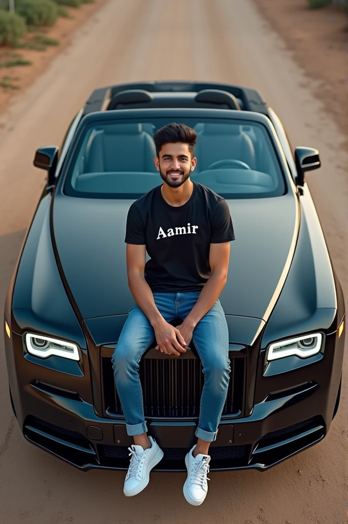 Generate a pic of rolls-royce la rose noire droptail with a Pakistani youth sit on car and written name of his shirt is 'Aamir' and the name is clear show and take happy emoji on face and for Mobile Wallpers and show fly drone pic
picturee in HD