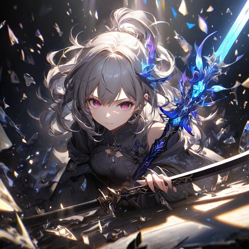 Highest quality, wonderful_delicate, wonderful delicate eyes, Super detailed, beautiful, 8k , One girl, Red eyes, evil, Facial Contour,table, Highest quality, (the Extremely Detailed CG Unity 8k wallpapers, table, Highest quality, Very detailed, Best Shadow), (For more information), (Beautifully detailed face, 細部へのbeautiful配慮), High Contrast, (Better lighting, とても優しくてbeautiful),One Girl,((透明な背景にcolorfulなペイントの飛沫, Dulux,)), ((caustic)), Dynamic Angle,beautiful輝き,whole body, Cowboy Shot, colorful, One Girl, Gray Hair, Purple eyes, Two-handed weapons, sword, swordを握る, Blue Flame, Shine, Glowing Weapons, Particles of light, wallpaper, chromatic aberration, (For more information,Dark fantasy), (Beautifully detailed face), High Contrast, (Better lighting, とても優しくてbeautiful), ((Cinematic Light)), colorful, Hyper Detail, Dramatic Light, Complex parts, Written boundary depth,black Particles of lights,(Broken glass),magic circle,