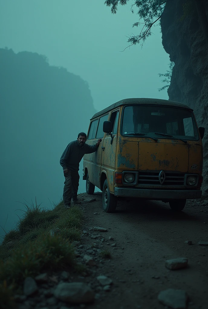 cinematic, photorealistic film poster of a man pushing an old van to a on edge of a cliff from behind, a boy holding unto the mans leg , late night, foggy, dark, fear, Kalimpong Outskirts