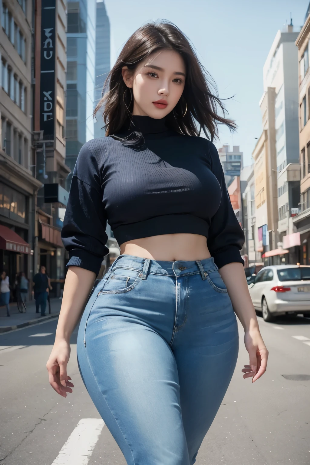 Super-detailed, 8k HD, Korean, 1 girl, solo, long dark hair, beautiful and perfect figure, detailed hand and face, busty body, curvy body, big breast, large butt, lean abs, love sleeve shirt and long pants, shopping in mall center