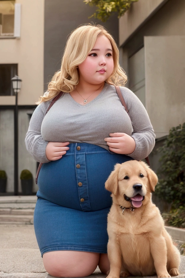 Chubby girl and her goldenretriver